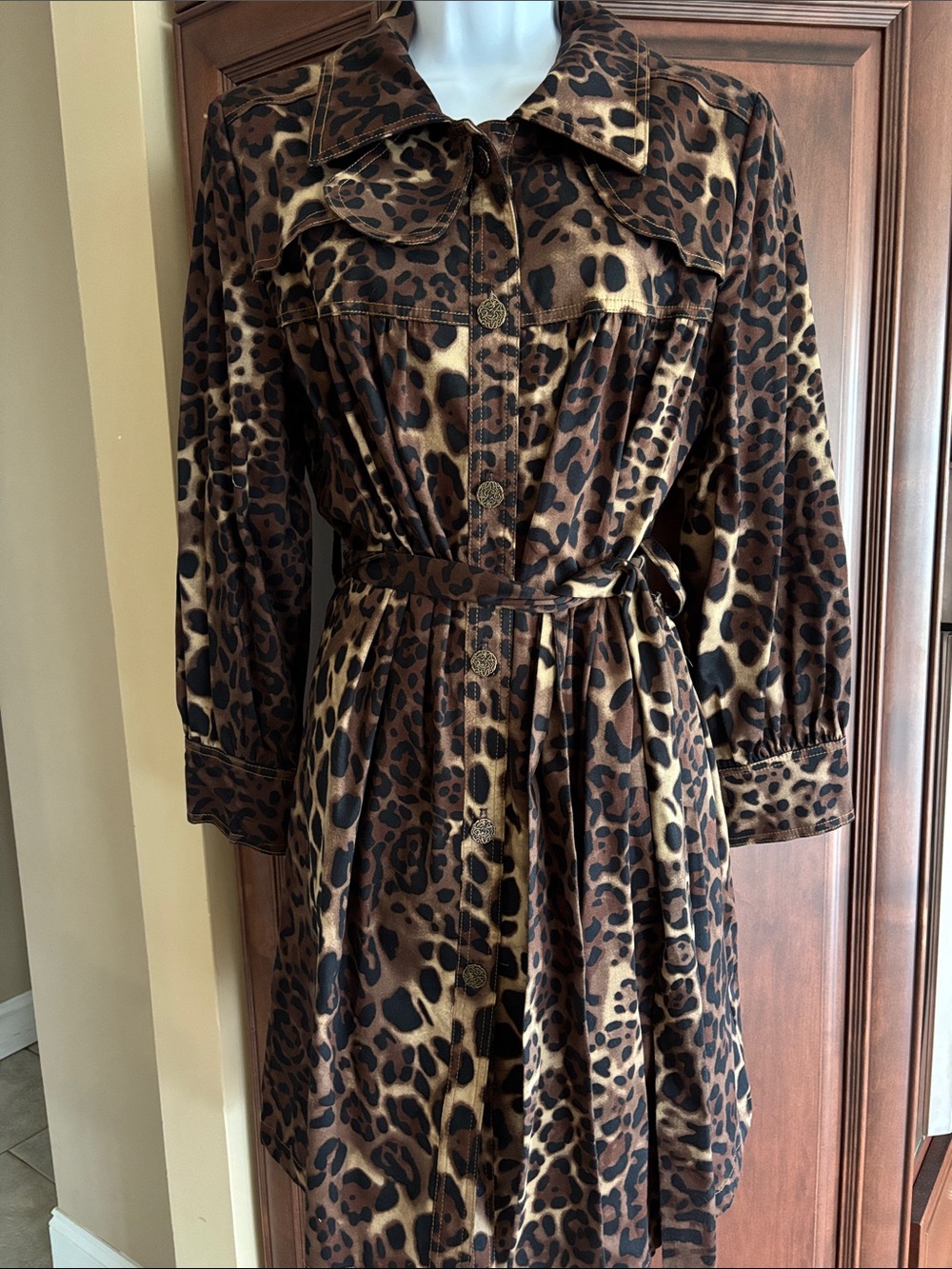 IC COLLECTION Leopard Print Long Sleeve Shirt Dress - Brown